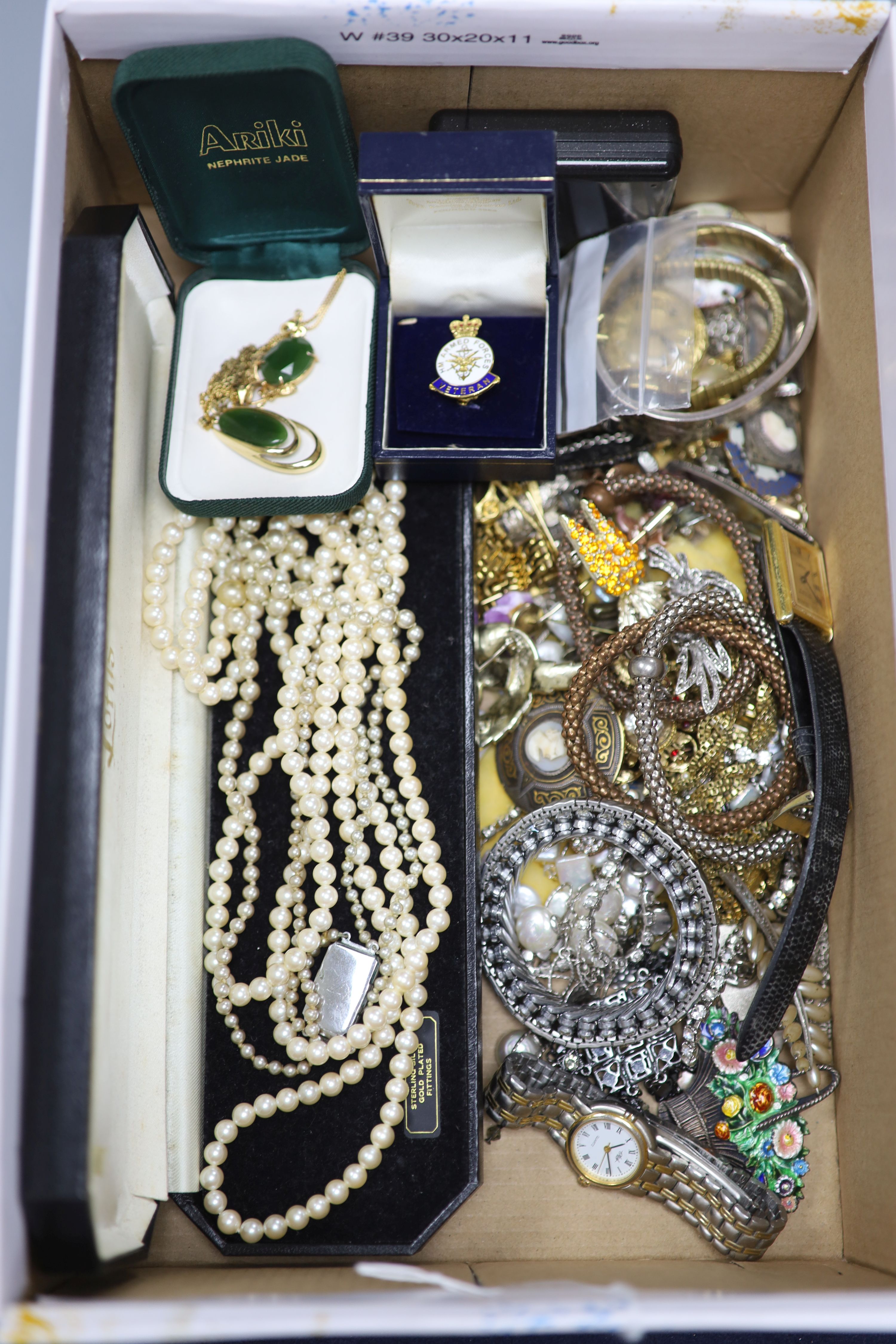 A collection of silver and paste-set costume jewellery and wristwatches,